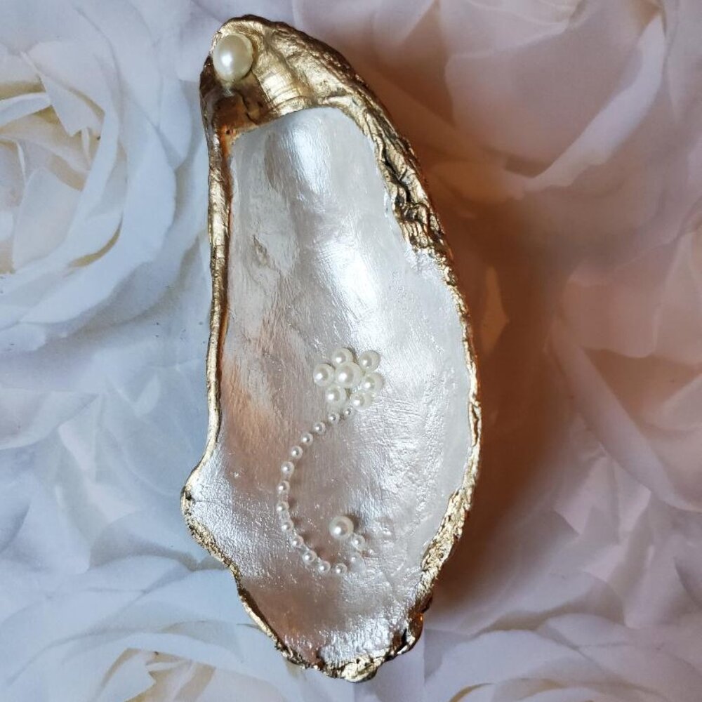 Oyster Shell Hand Painted with Faux Pearls Gold Trim, Trinket Dish Pearlized